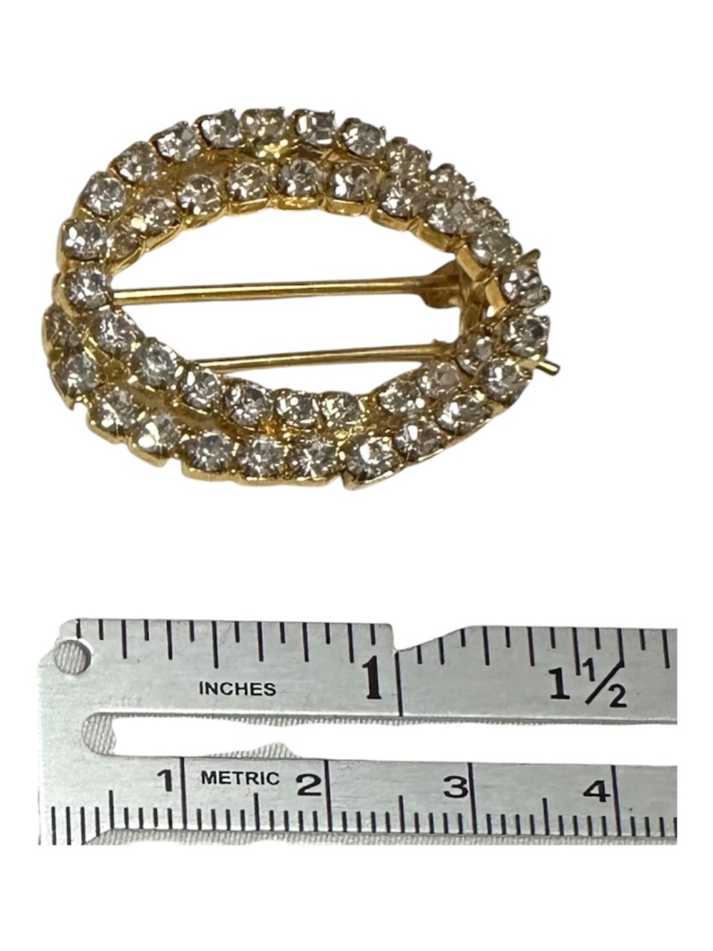 Vintage Gold Tone Rhinestone Hair Barrette Double Row Sparkling Oval Clip